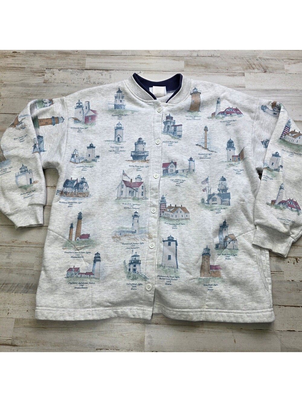 VTG 90s Artisans Sunschein Lighthouse Sweatshirt XL AOP Button Up USA Coastal
